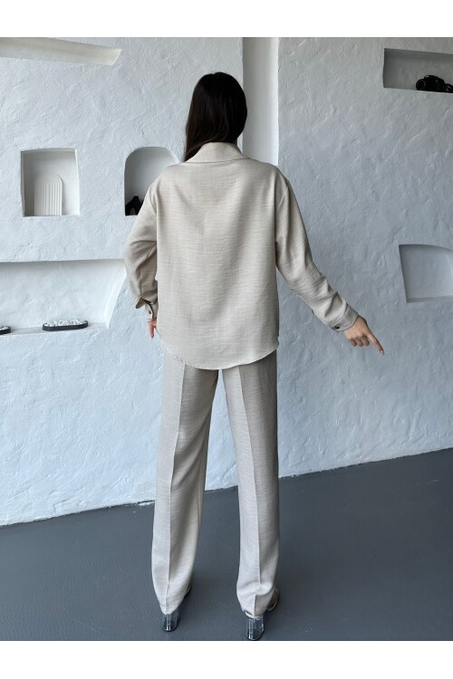 İşleme Detaylı Gömlek & Pantolon Keten İkili Takım
