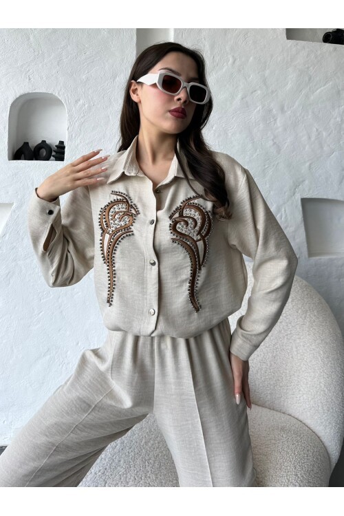 İşleme Detaylı Gömlek & Pantolon Keten İkili Takım