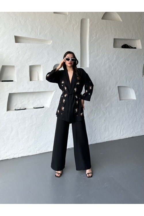 Nakış İşlemeli Kimono & Pantolon İkili Takım