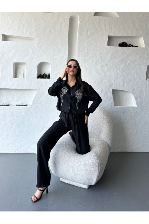 İşleme Detaylı Gömlek & Pantolon Keten İkili Takım