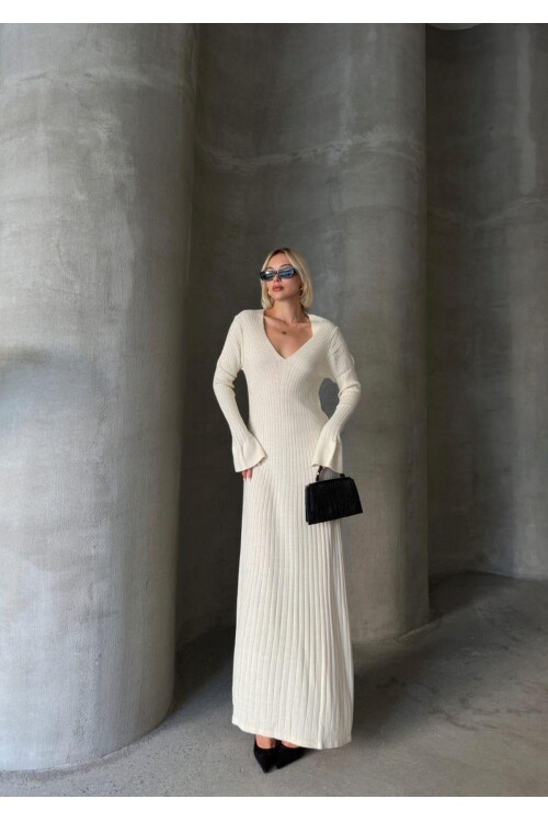 İNCE BEL V YAKA MAXİ TRİKO ELBİSE
