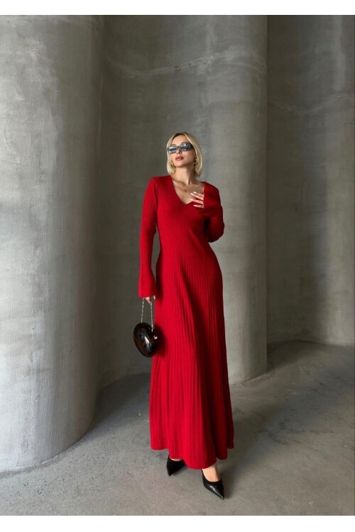 İNCE BEL V YAKA MAXİ TRİKO ELBİSE