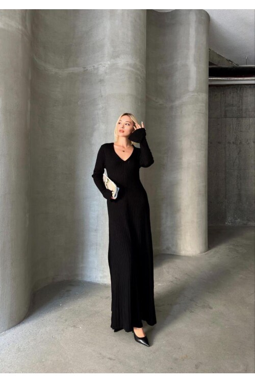 İNCE BEL V YAKA MAXİ TRİKO ELBİSE