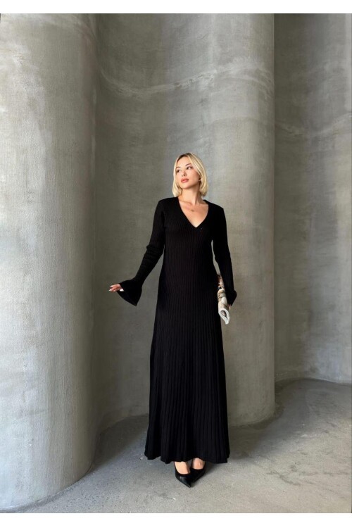 İNCE BEL V YAKA MAXİ TRİKO ELBİSE