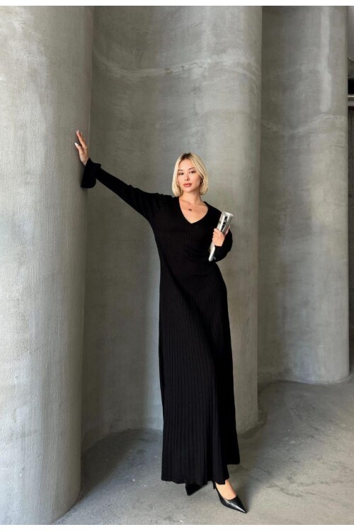 İNCE BEL V YAKA MAXİ TRİKO ELBİSE