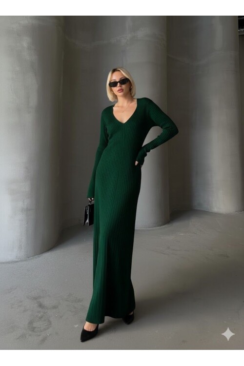 İNCE BEL V YAKA MAXİ TRİKO ELBİSE