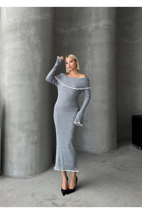 KAYIK YAKA TRİKO ŞERİTLİ ELBİSE