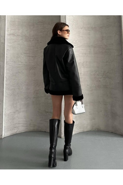 KOL YAKA ETEK KÜRK DETAYLI DERİ MONT