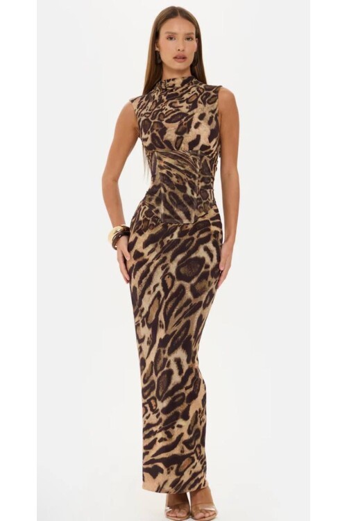 KORSE BALENLİ LEOPAR ELBİSE