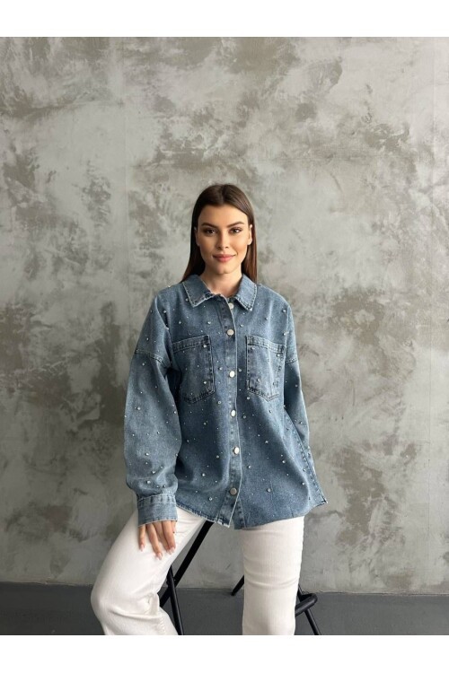 Taş İşlemeli Dökümlü Kot Gömlek