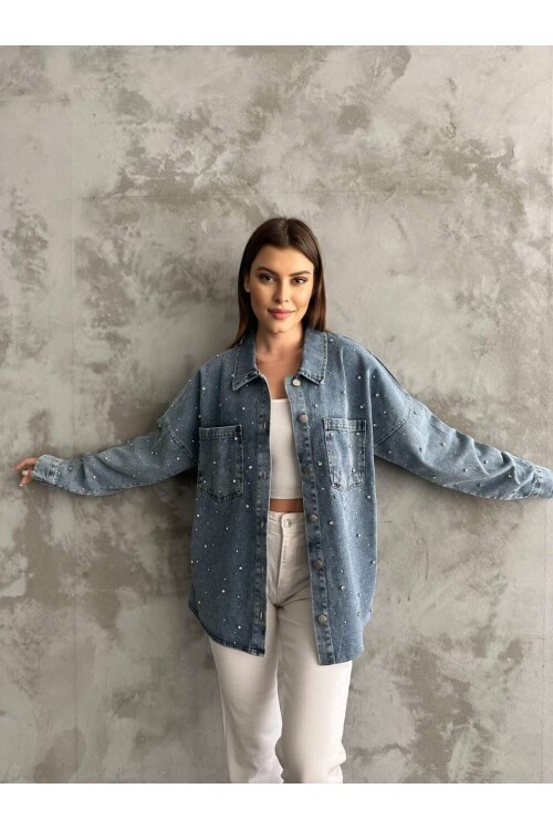 Taş İşlemeli Dökümlü Kot Gömlek