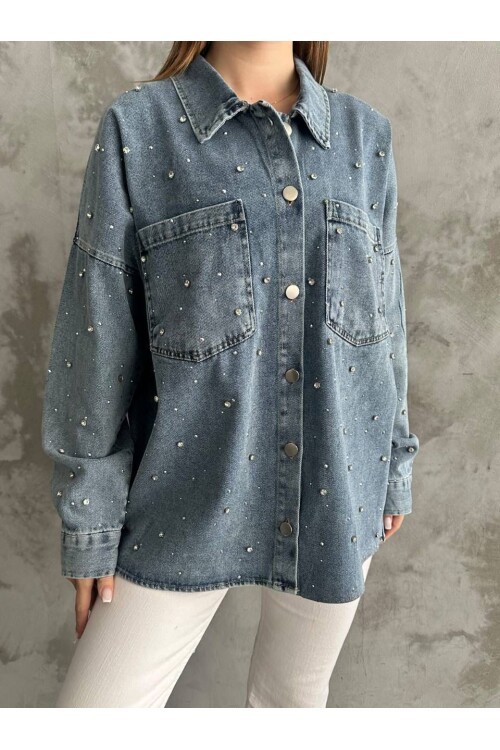 Taş İşlemeli Dökümlü Kot Gömlek