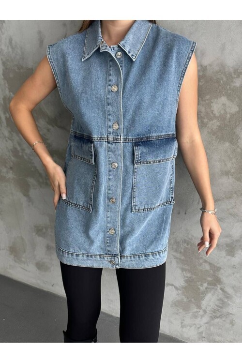 Büyük Cep Detaylı Kot Yelek