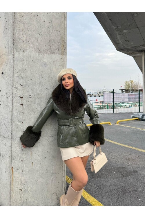 Kürk Detaylı Suni Deri Kaban