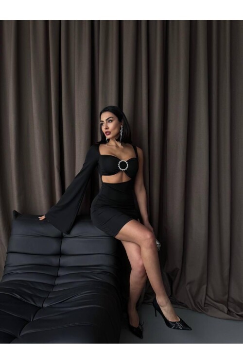 Halka Detaylı Tek Kol Mini Elbise