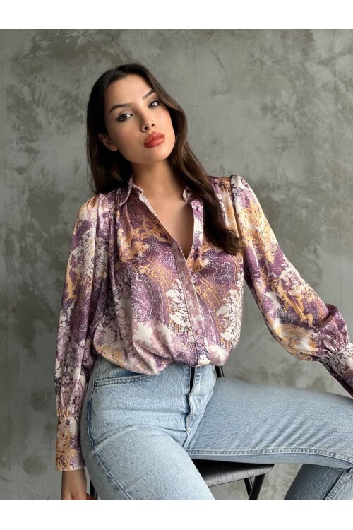 Desenli Dökümlü Saten Gömlek