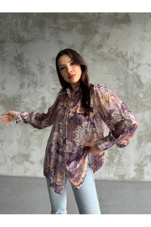 Desenli Dökümlü Saten Gömlek