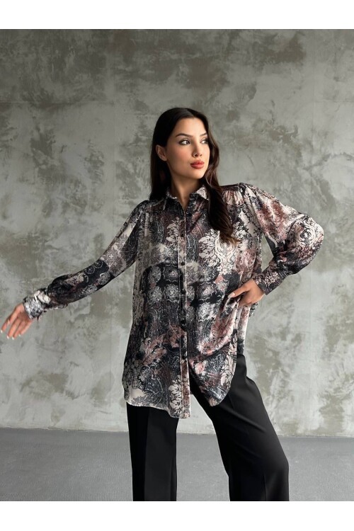 Desenli Dökümlü Saten Gömlek