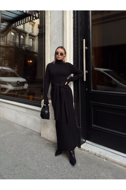 TRİKO BELDEN KUŞAK DETAYLI ELBİSE