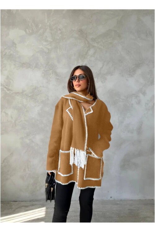 Dikiş Detaylı Atkılı Hırka