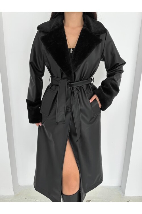 YAKA KOL PELUŞ DETAYLI DERİ TRENÇ