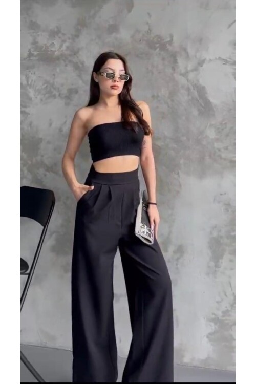 Yüksek Bel Cep Detay Rahat Pantalon