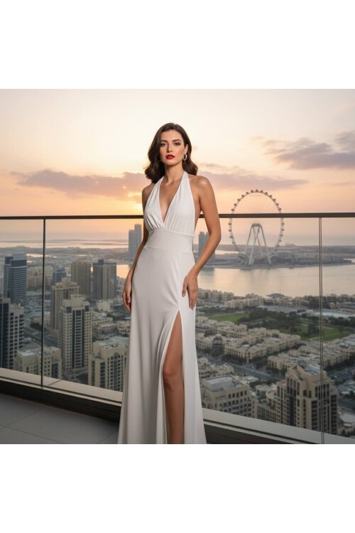 V YAKA BOYUN BAĞLI ELBİSE