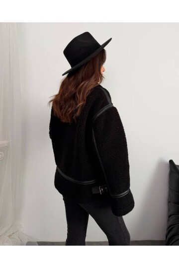 Deri Detaylı Premium Peluş Mont