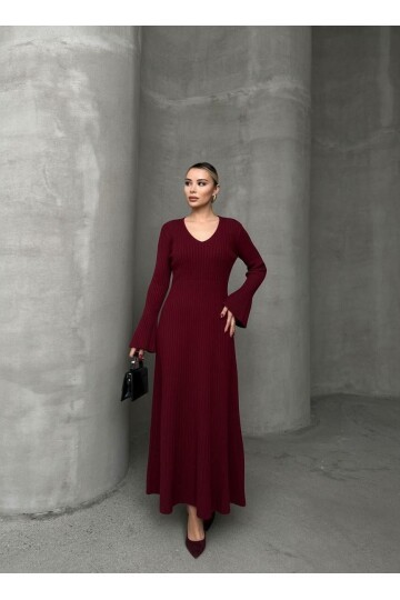 İNCE BEL V YAKA MAXİ TRİKO ELBİSE