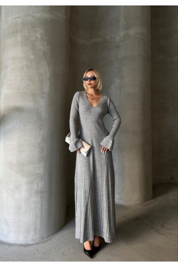 İNCE BEL V YAKA MAXİ TRİKO ELBİSE