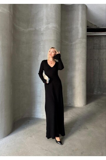 İNCE BEL V YAKA MAXİ TRİKO ELBİSE