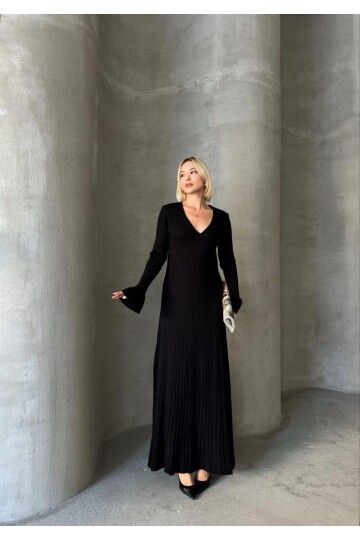 İNCE BEL V YAKA MAXİ TRİKO ELBİSE