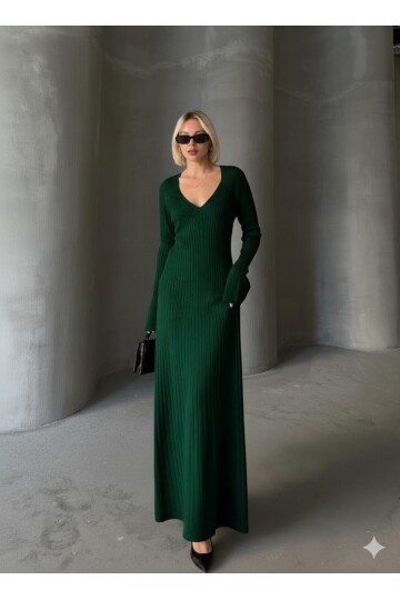 İNCE BEL V YAKA MAXİ TRİKO ELBİSE