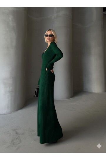 İNCE BEL V YAKA MAXİ TRİKO ELBİSE