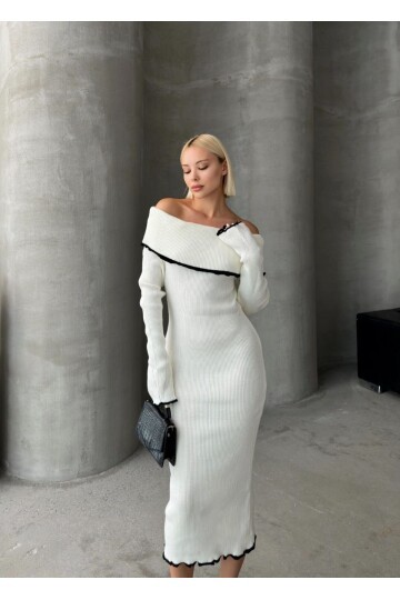 KAYIK YAKA TRİKO ŞERİTLİ ELBİSE