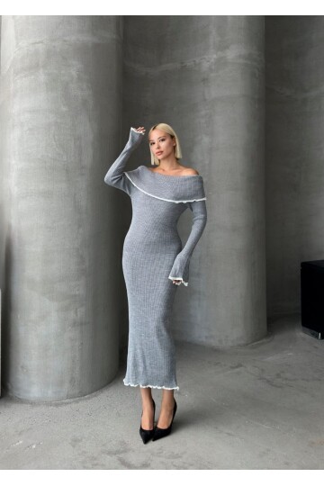 KAYIK YAKA TRİKO ŞERİTLİ ELBİSE