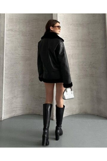 KOL YAKA ETEK KÜRK DETAYLI DERİ MONT