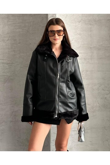 KOL YAKA ETEK KÜRK DETAYLI DERİ MONT