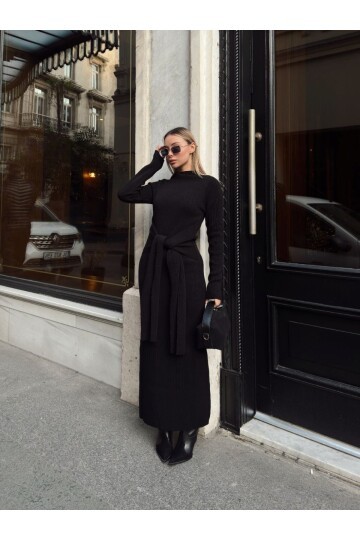 TRİKO BELDEN KUŞAK DETAYLI ELBİSE