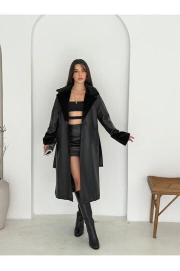 YAKA KOL PELUŞ DETAYLI DERİ TRENÇ