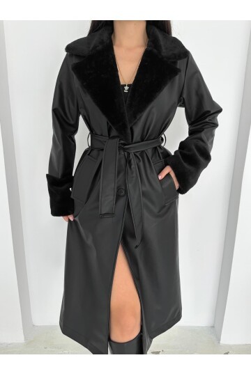 YAKA KOL PELUŞ DETAYLI DERİ TRENÇ