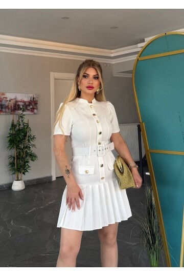 PİLE ETEKLİ TASARIM KEMERLİ ELBİSE